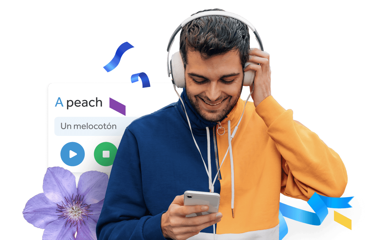 Man on Rosetta Stone mobile app wearing headphones.