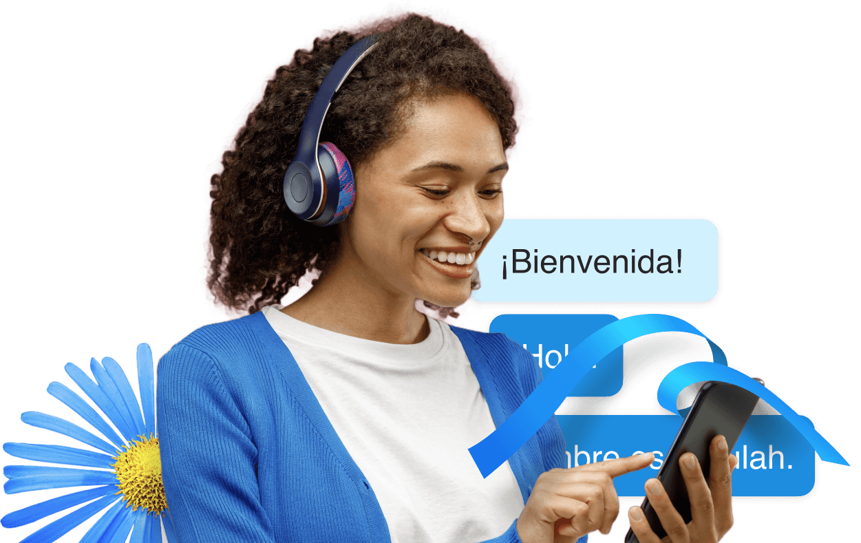 Woman on Rosetta Stone phone app wearing headphones.