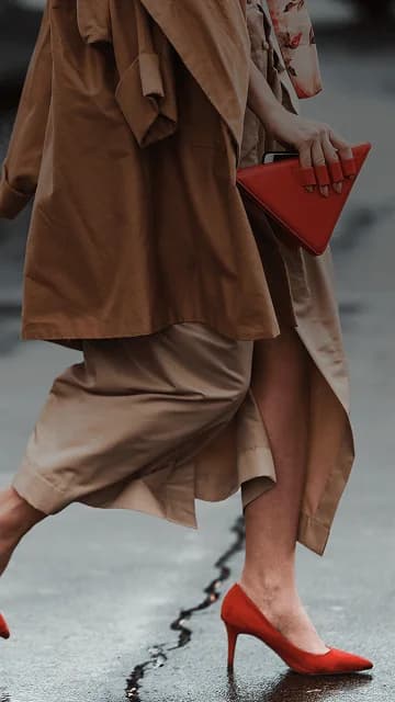 Well-dressed woman with beautiful red high heels and fashionable red handbag crosses the street. Overlaid is the French phrase "bien habillé" with its English translation, "well-dressed".