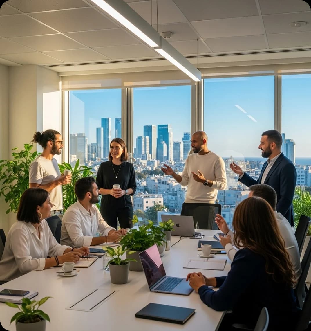 Colleagues speak in Hebrew at a business in Haifa.