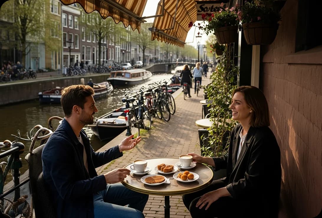 Friends sitting outside at a café along a canal, chatting in Dutch over coffee and stroopwafels.