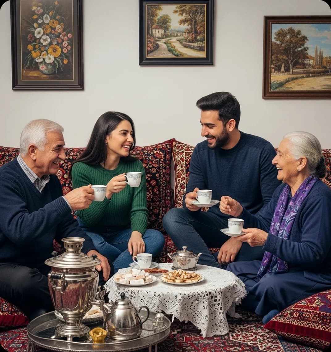 A Persian family sharing tea and sweets together in a cosy living room.