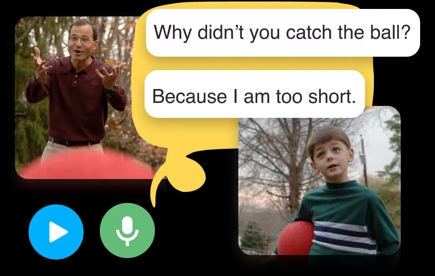 Images of a man and a young boy having a conversation about catching a ball.