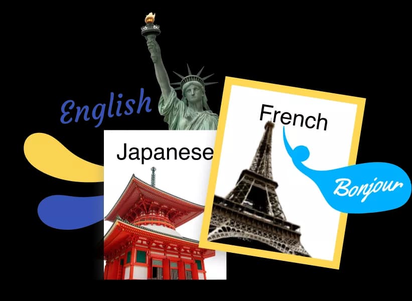 Rosetta Stone Language selection tiles for English, Japanese, and French.