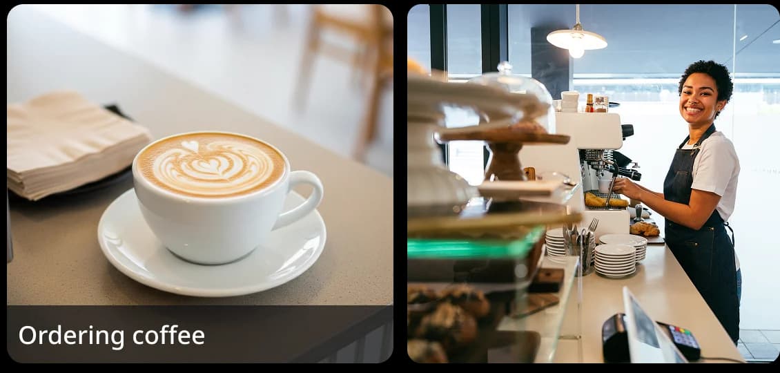 Two images side by side: a latte art coffee cup and a barista at a counter, representing a real-life 'ordering coffee' speaking practice scenario in Rosetta Stone.