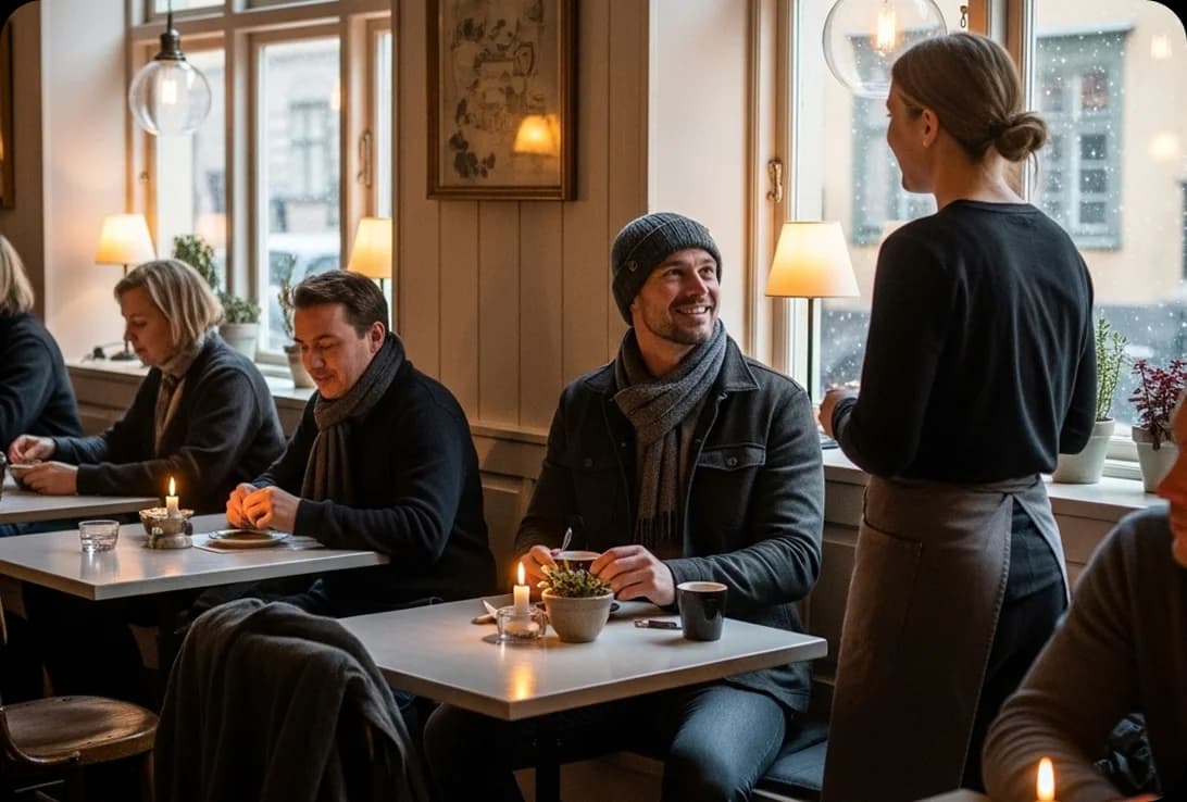 A traveler speaking Swedish with a barista at a cosy café in Stockholm’s old town (Gamla Stan).