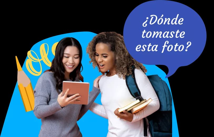 Two school age women using Rosetta Stone together, where one reads outloud "Donde tomaste esta foto?"