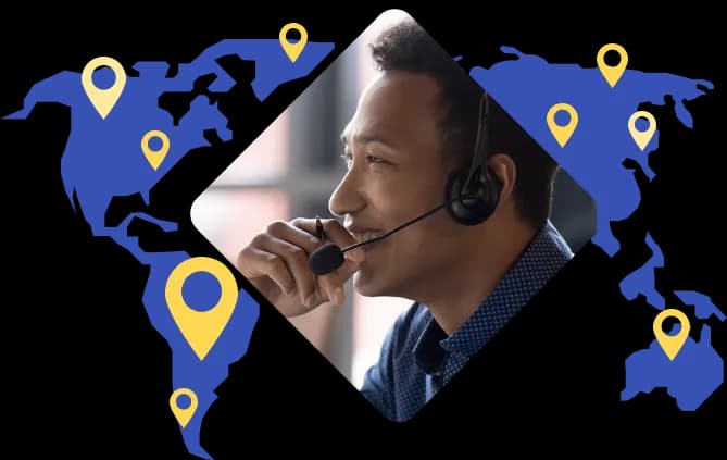 Customer manager depicted above world map to illustrate Rosetta Stone's strong global customer support network