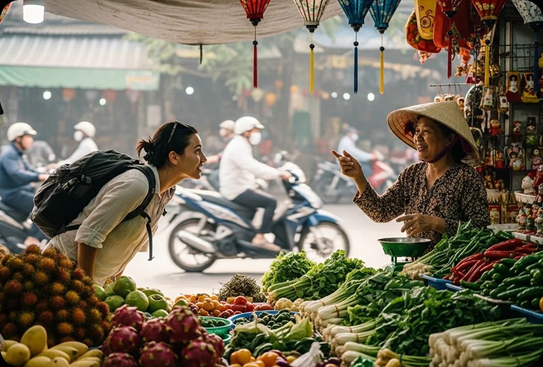 A traveler speaking Vietnamese with a street seller at a bustling market in Hanoi’s Old Quarter.