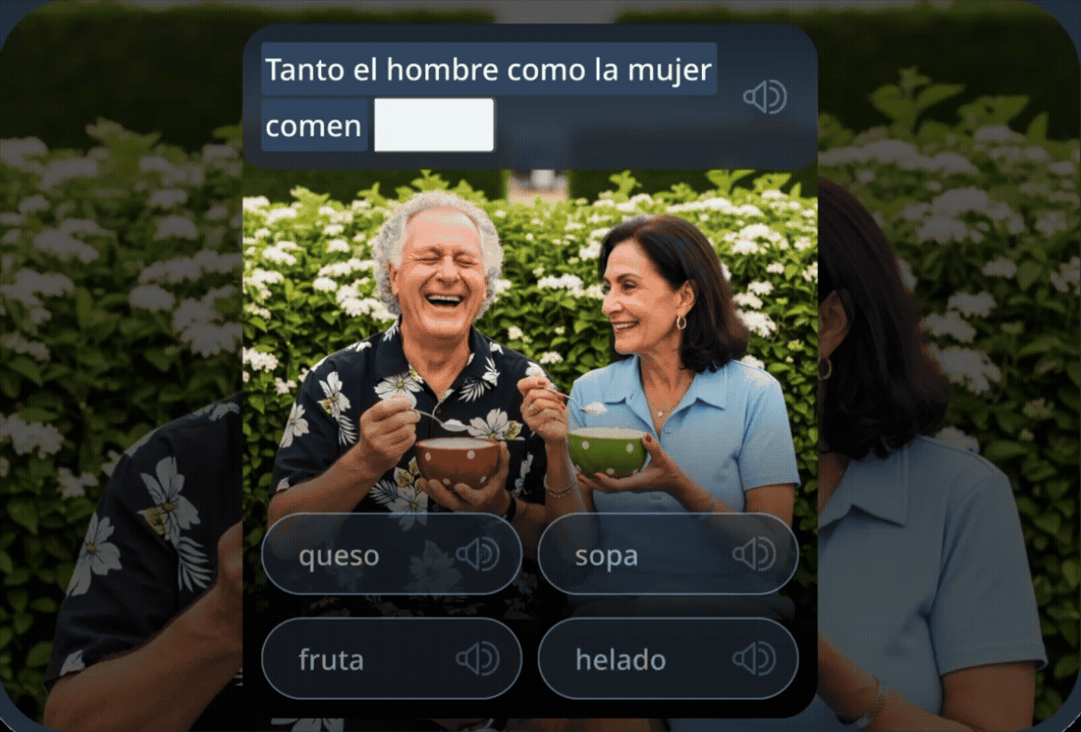 A vocabulary exercise showing two older adults dining outdoors, with a Spanish fill-in-the-blank sentence above and word choice tiles below, teaching grammar in real-life context.